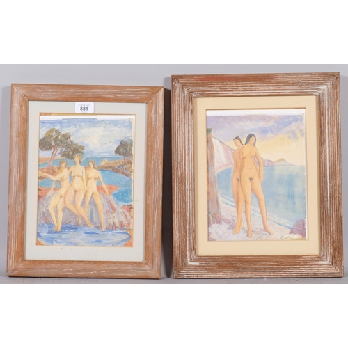 881 - Style of Augustus John, pair of gouache paintings, Classical nudes, circa 1930s, unsigned, 25cm x 19... 