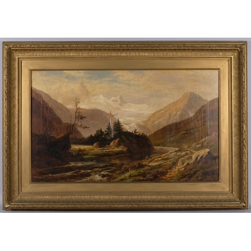 883 - Snow-capped mountain landscape, 19th century oil on canvas, apparently unsigned, 61cm x 102cm (24