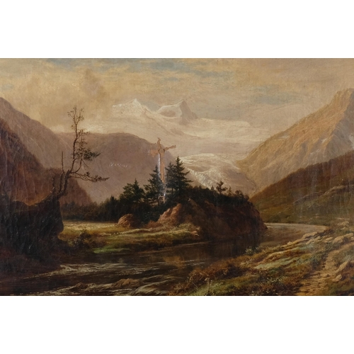 883 - Snow-capped mountain landscape, 19th century oil on canvas, apparently unsigned, 61cm x 102cm (24