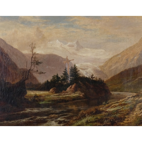 883 - Snow-capped mountain landscape, 19th century oil on canvas, apparently unsigned, 61cm x 102cm (24