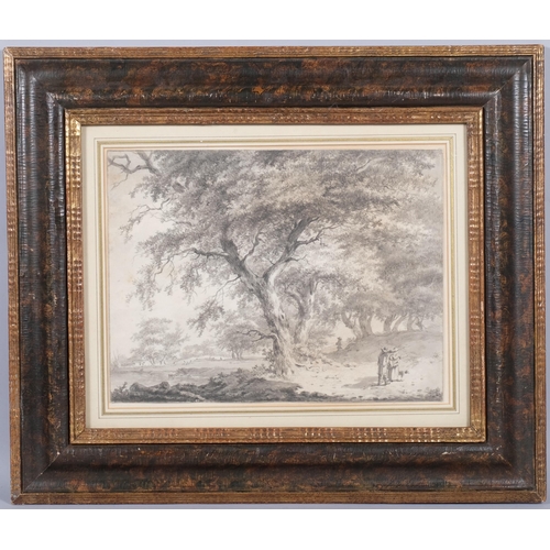 887 - Herman van Brussel (1763 - 1815), wooded landscape with figures, black chalk with black and grey was... 