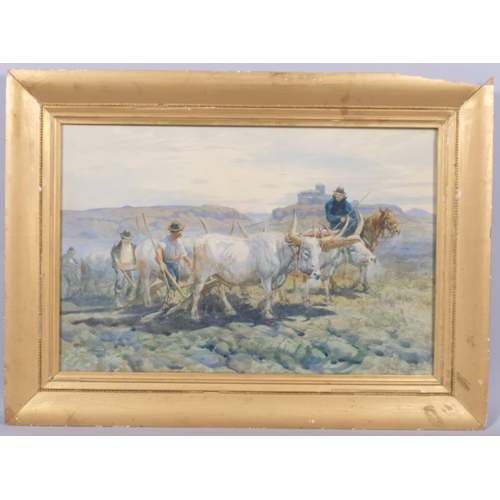 888 - Henry Enrico Coleman (1846 - 1911), farm workers near Rome, watercolour, 35cm x 52cm, framed