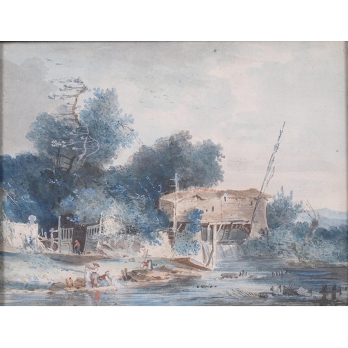 894 - Louis-Gabriel Moreau (1740 - 1806), river landscape, watercolour, 17cm x 23cm, framed, provenance: C... 