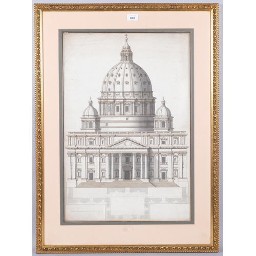 898 - 18th century Italian School, view of a facade of St Peter's Rome, pen ink and colour wash, label ver... 