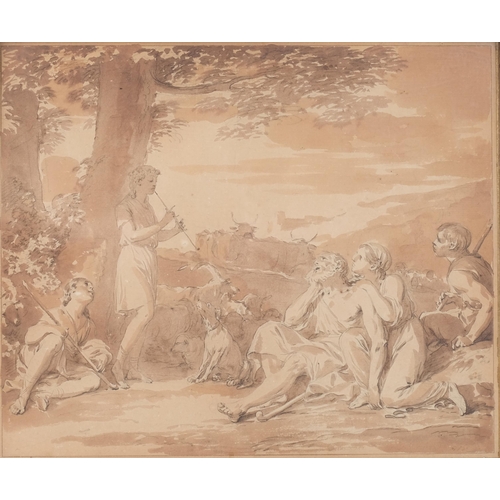 903 - 18th century Venetian School, group of resting figures and musicians with cattle and goats, sepia wa... 