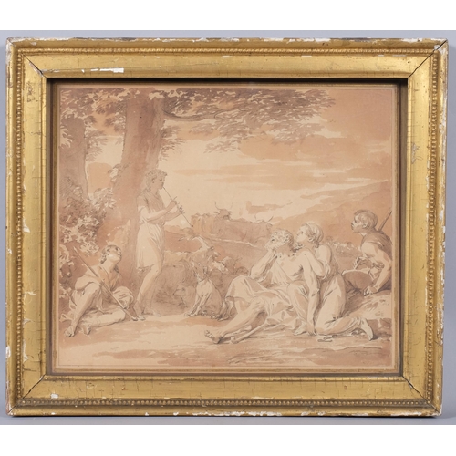 903 - 18th century Venetian School, group of resting figures and musicians with cattle and goats, sepia wa... 