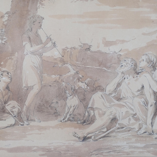 903 - 18th century Venetian School, group of resting figures and musicians with cattle and goats, sepia wa... 