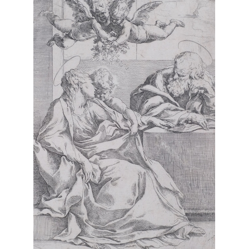 904 - Guido Reni (1575 - 1642), the Holy Family with 2 angels, etching, circa 1610, plate 22.5cm x 15cm, s... 