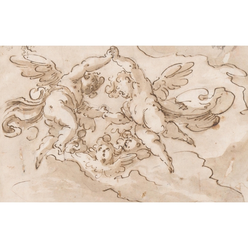 908 - 18th century Venetian School, Amorini in clouds, pen brown ink and brown wash on paper, 13cm x 20cm,... 