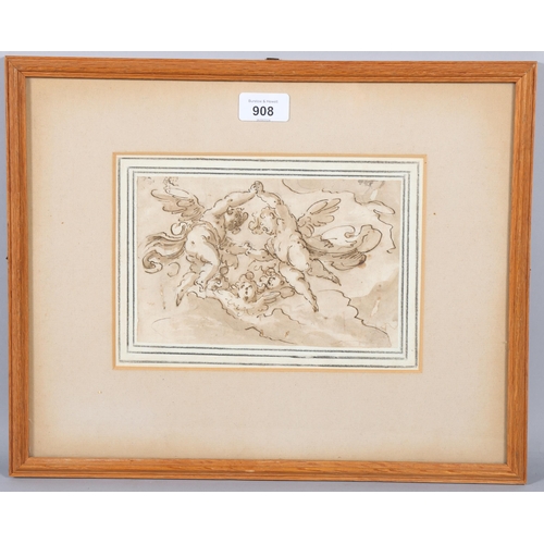 908 - 18th century Venetian School, Amorini in clouds, pen brown ink and brown wash on paper, 13cm x 20cm,... 