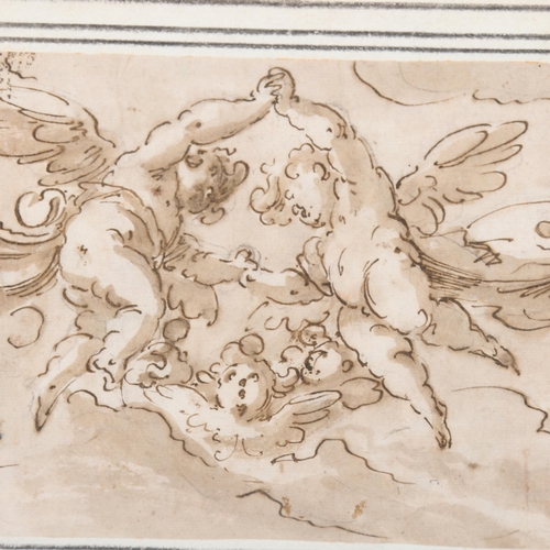 908 - 18th century Venetian School, Amorini in clouds, pen brown ink and brown wash on paper, 13cm x 20cm,... 