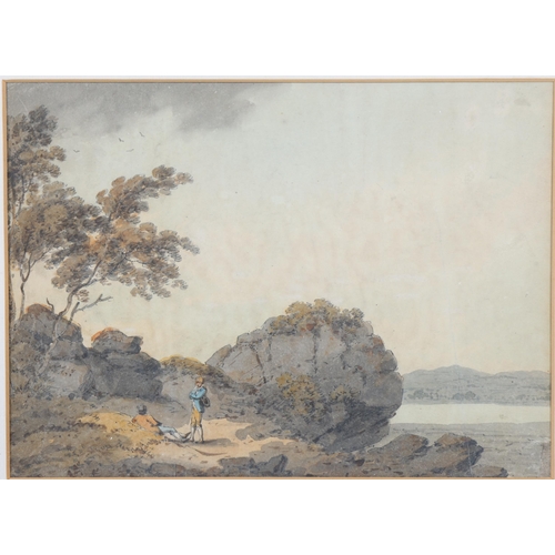 910 - Paul Sandby (circa 1730 - 1809), 2 figures in landscape, watercolour, 19cm x 26.5cm, framed