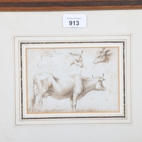 913 - Albert Flamen (1620 - 1674), sketches of a cow, pen and ink on paper, 10.5cm x 15cm, framed, provena... 