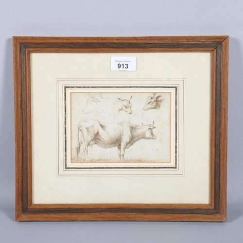 913 - Albert Flamen (1620 - 1674), sketches of a cow, pen and ink on paper, 10.5cm x 15cm, framed, provena... 