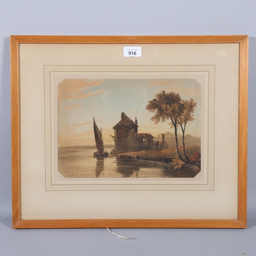 916 - John Varley, boat on an estuary, watercolour, 20cm x 30cm, framed