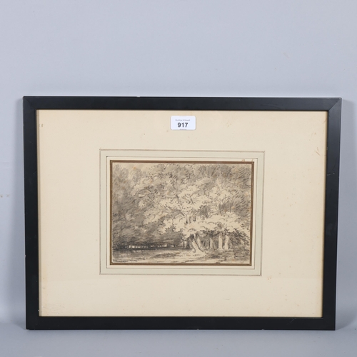 917 - Dr Thomas Monro (1759 - 1833), woodland scene, ink and wash sketch, 15.5cm x 21.5cm, framed, provena... 