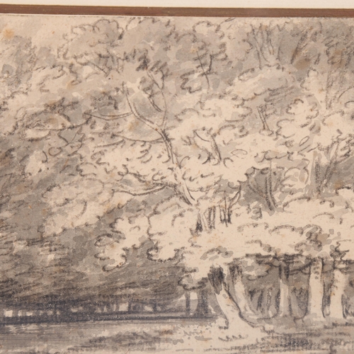 917 - Dr Thomas Monro (1759 - 1833), woodland scene, ink and wash sketch, 15.5cm x 21.5cm, framed, provena... 