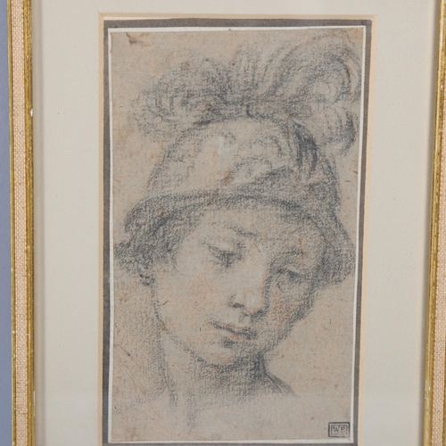 922 - 17th century Italian School, Classical figure wearing a helmet, charcoal/chalk on paper, collector's... 