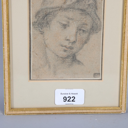 922 - 17th century Italian School, Classical figure wearing a helmet, charcoal/chalk on paper, collector's... 