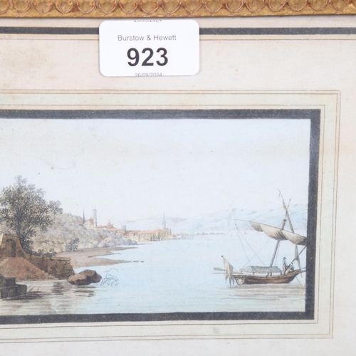 923 - 18th century Italian School, boat on Lake Geneva, watercolour, 8cm x 13cm, framed