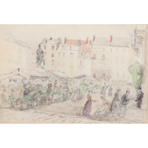 930 - Eugene Bejot (1867 - 1931), market scene, pencil/watercolour, 21cm x 31cm, framed, provenance: Faerb... 