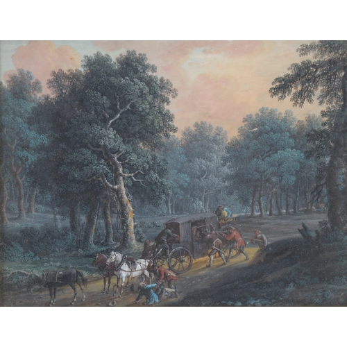 933 - Horse drawn coach attacked by highwaymen, detailed watercolour, unsigned, 15cm x 19cm, framed