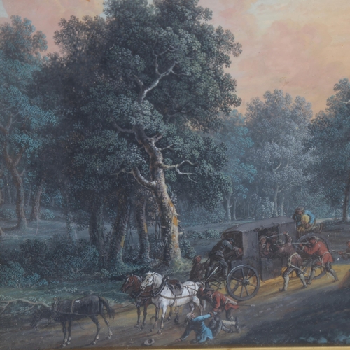 933 - Horse drawn coach attacked by highwaymen, detailed watercolour, unsigned, 15cm x 19cm, framed