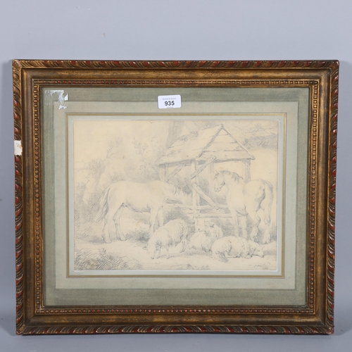 935 - George Morland (1762 - 1804), animals in the farmyard, pencil on paper, 1793, 25cm x 34cm, framed