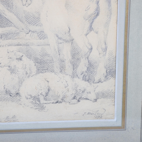 935 - George Morland (1762 - 1804), animals in the farmyard, pencil on paper, 1793, 25cm x 34cm, framed