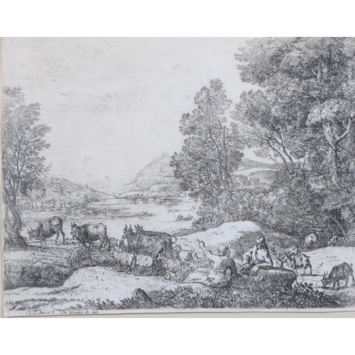 936 - Claude Lorrain (1600 - 1682), Cattle in Italianate Landscape, engraving, 19cm x 25cm, framed