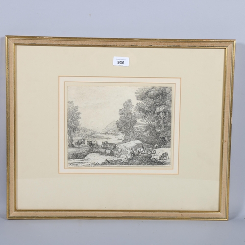 936 - Claude Lorrain (1600 - 1682), Cattle in Italianate Landscape, engraving, 19cm x 25cm, framed