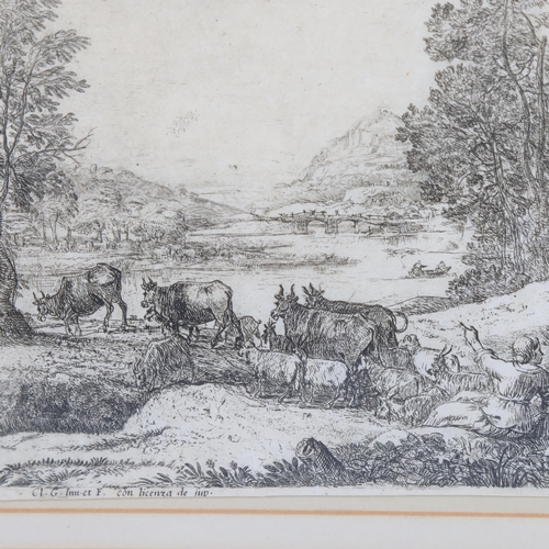 936 - Claude Lorrain (1600 - 1682), Cattle in Italianate Landscape, engraving, 19cm x 25cm, framed