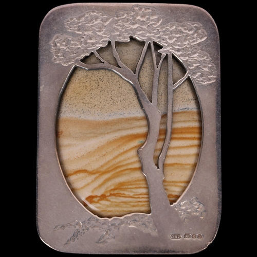 1385 - A sterling silver picture Jasper landscape brooch, maker CAP, London 1986, 51mm, 15.8g