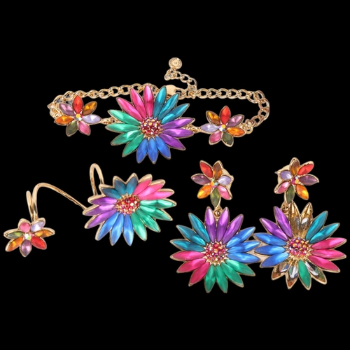 1479 - BUTLER & WILSON - a gilt-metal '3 Candy Coloured Flowers' jewellery set, comprising bracelet, ring a... 