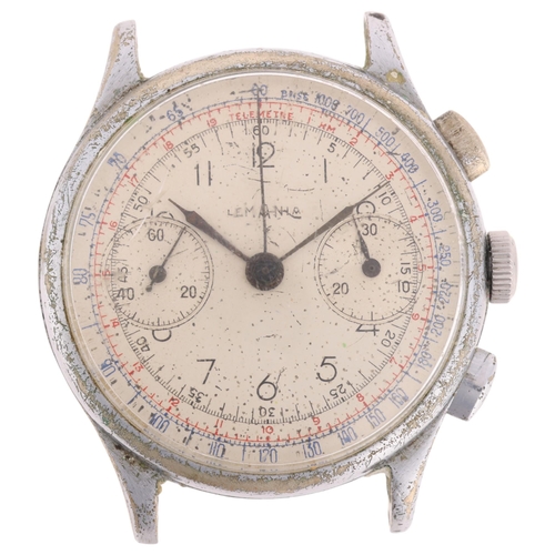 1000 - LEMANIA - a Vintage nickel plated mechanical chronograph wristwatch head, circa 1950s, silvered dial... 