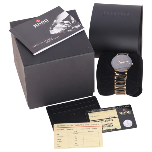 1021 - RADO - a gold plated black High-Tech ceramic Centrix DiaStar quartz calendar bracelet watch, ref. 11... 