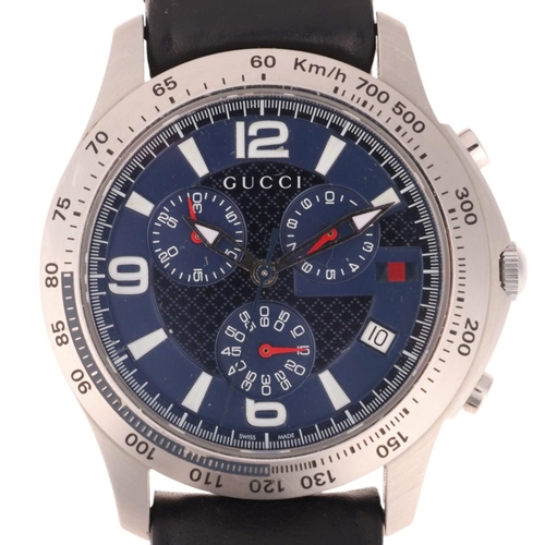 1030 - GUCCI - a stainless steel G-Timeless quartz chronograph wristwatch, ref. 126.2, blue dial with lumin... 