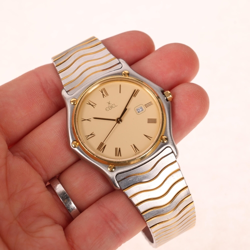 1032 - EBEL - a bi-metal Classic Sport Wave quartz calendar bracelet watch, ref. 183903, cream dial with ap... 