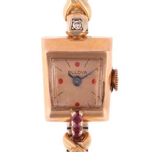 1042 - BULOVA - a lady's Vintage American 14ct rose gold ruby and diamond mechanical cocktail wristwatch, c... 