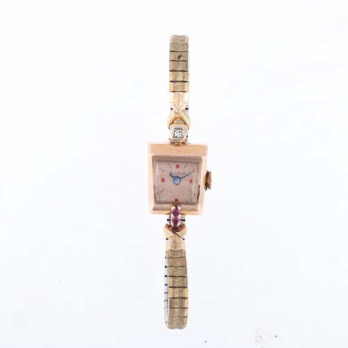 1042 - BULOVA - a lady's Vintage American 14ct rose gold ruby and diamond mechanical cocktail wristwatch, c... 