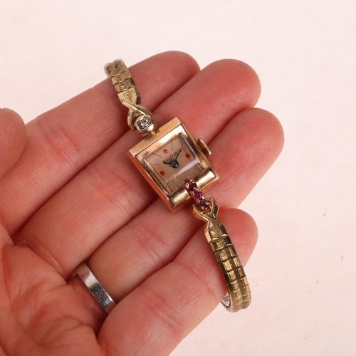 1042 - BULOVA - a lady's Vintage American 14ct rose gold ruby and diamond mechanical cocktail wristwatch, c... 