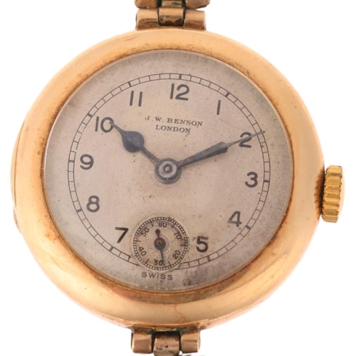 1043 - J W BENSON - a 15ct gold Officer's style mechanical wristwatch, silvered dial with black Arabic nume... 