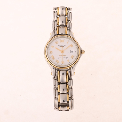 1047 - LONGINES - a lady's bi-metal Golden Wing quartz bracelet watch, ref. L3.106.5, white dial with appli... 