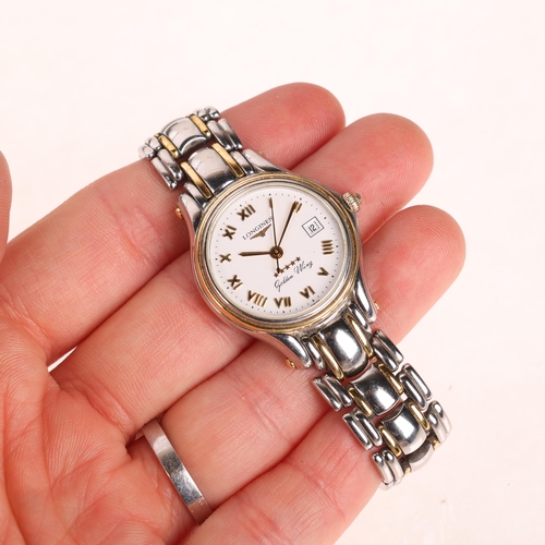 1047 - LONGINES - a lady's bi-metal Golden Wing quartz bracelet watch, ref. L3.106.5, white dial with appli... 