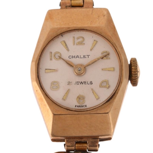 1048 - CHALET - a lady's Vintage 9ct gold mechanical wristwatch, circa 1960s, silvered dial with applied gi... 