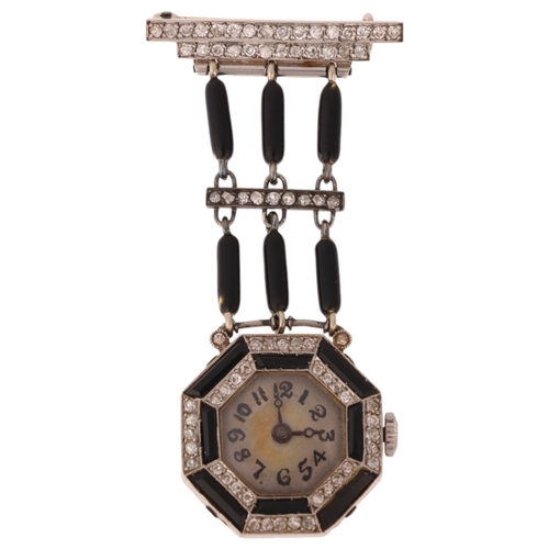 1049 - A lady's Art Deco platinum onyx and diamond mechanical nurse's lapel pendant watch, circa 1920s, oct... 