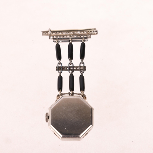 1049 - A lady's Art Deco platinum onyx and diamond mechanical nurse's lapel pendant watch, circa 1920s, oct... 