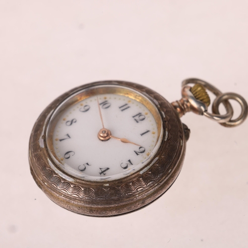 1055 - An Art Nouveau silver-gilt enamel open-face keyless fob watch, white enamel dial with hand painted b... 