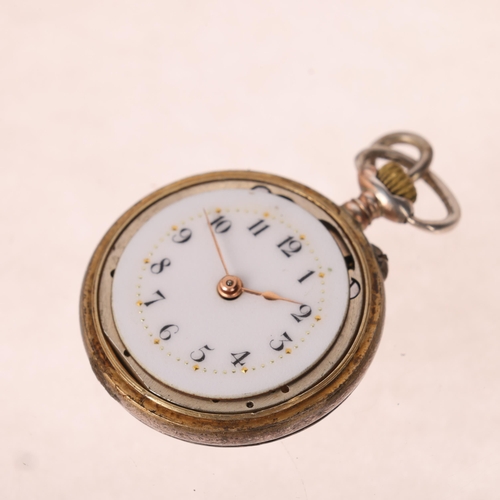 1055 - An Art Nouveau silver-gilt enamel open-face keyless fob watch, white enamel dial with hand painted b... 