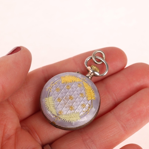 1055 - An Art Nouveau silver-gilt enamel open-face keyless fob watch, white enamel dial with hand painted b... 